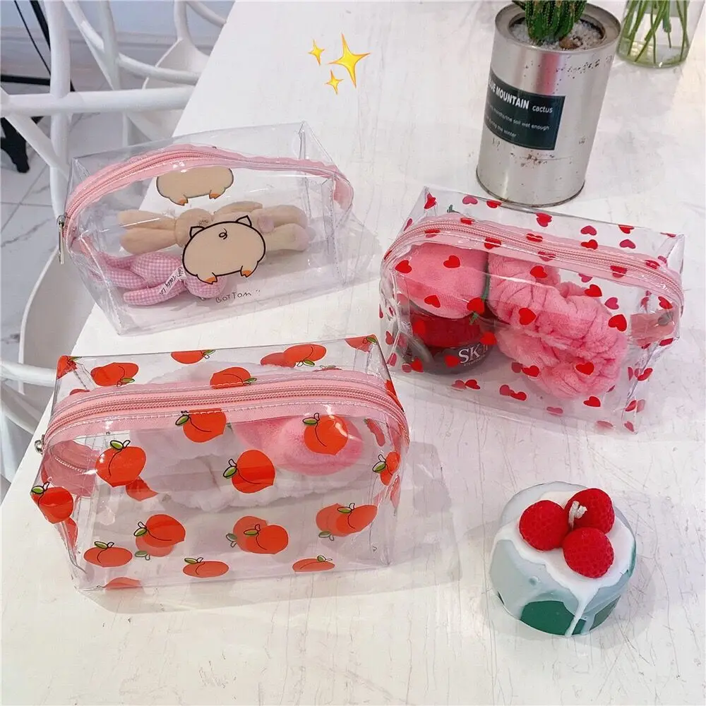 

Tranprent Cute Girls Travel Summer Wash Women Makeup Bags Peach Fruit Animal Cartoon Waterproof Cosmetic Caselarge Capacity Bag