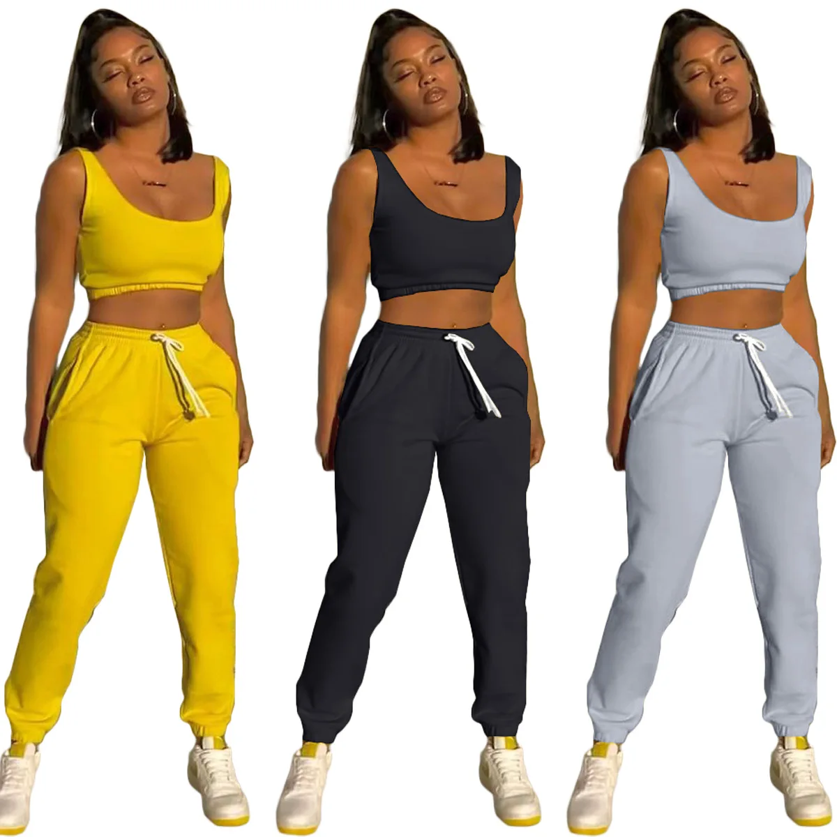 

QC-CH8211 Casual sportswear women solid color top+joggers wholesale women sportswear fitness comfy two piece sport jogging sets, Customized color