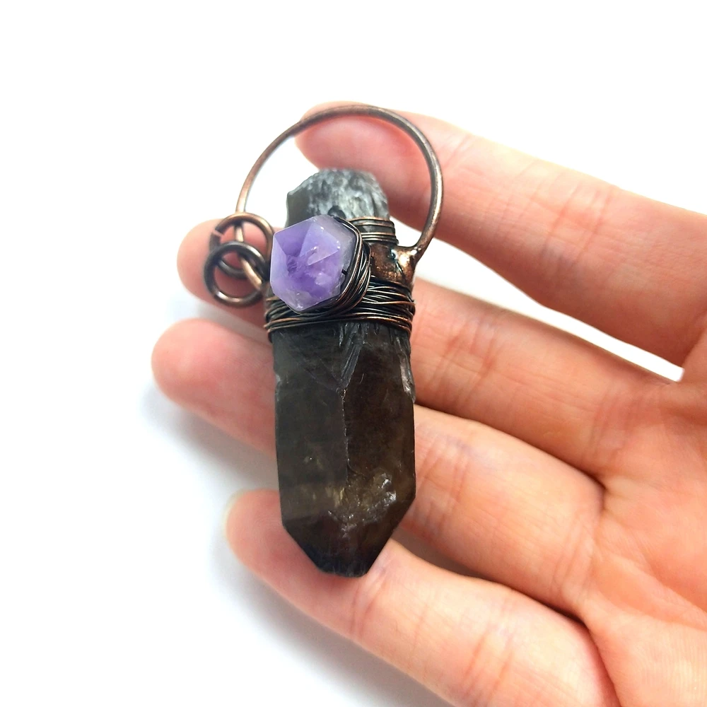 

pendant wire wrapped amethyst crystal stone points charms antique bronze plated smoky quartz jewelry for diy necklace gift women