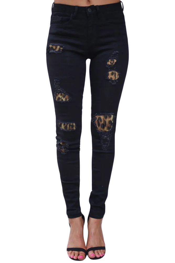 L3 2020 New Arrivals Women Distressed Ripped Leopard Patches Jeans