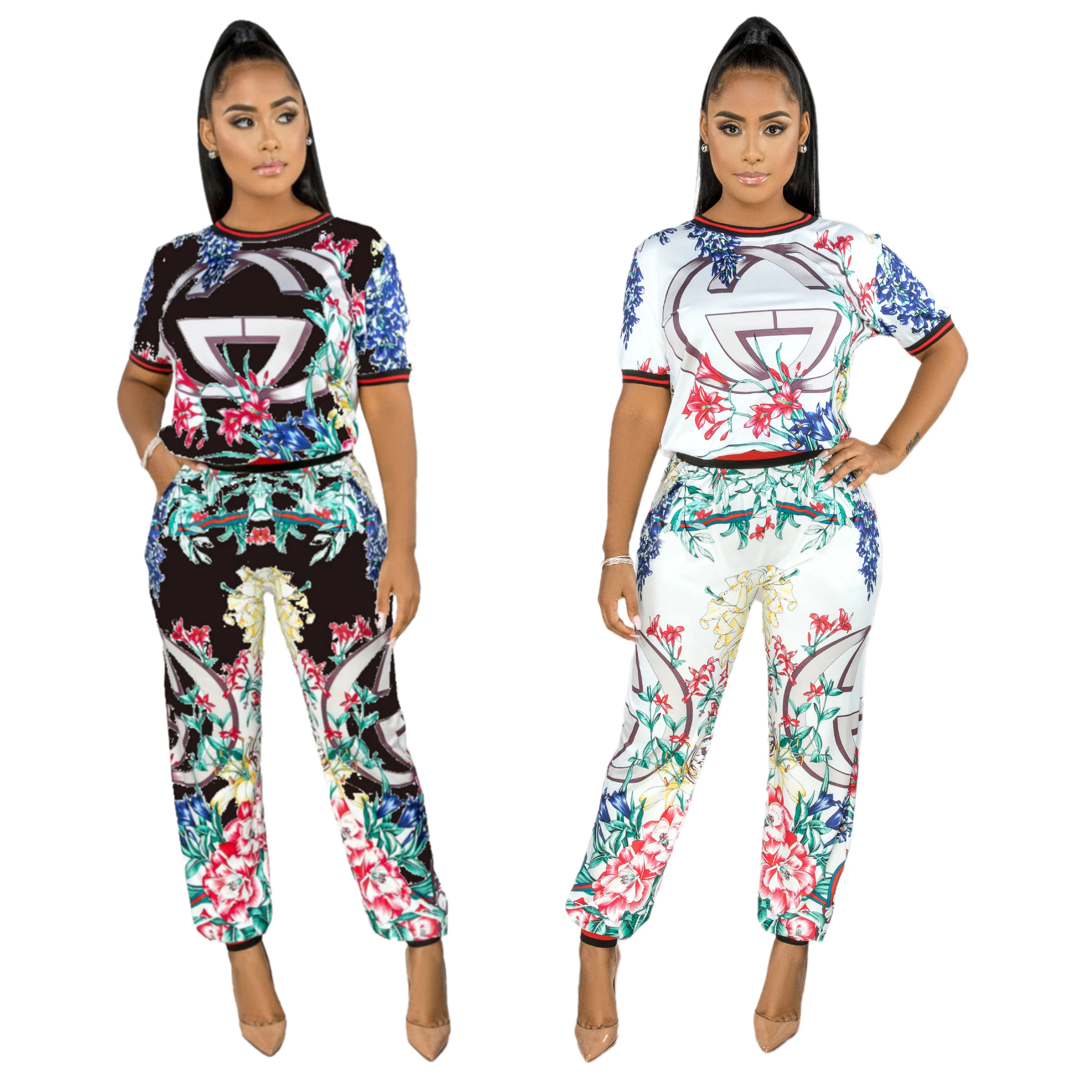

2021 new hot sale autumn ladies fashion floral print casual long sleeve trousers women two piece set