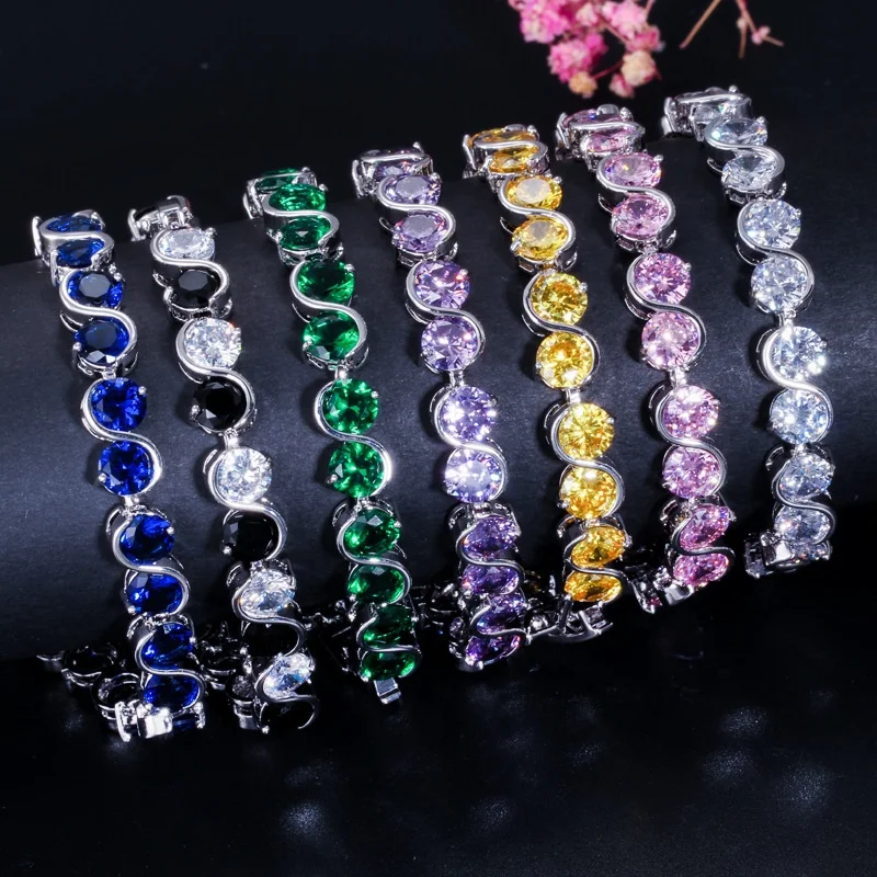 

Luxury Zircons 7 Color Options Round Cut Women Bracelet with Pink Purple Crystal Fashion Cubic Zircon Jewelry, Customized color