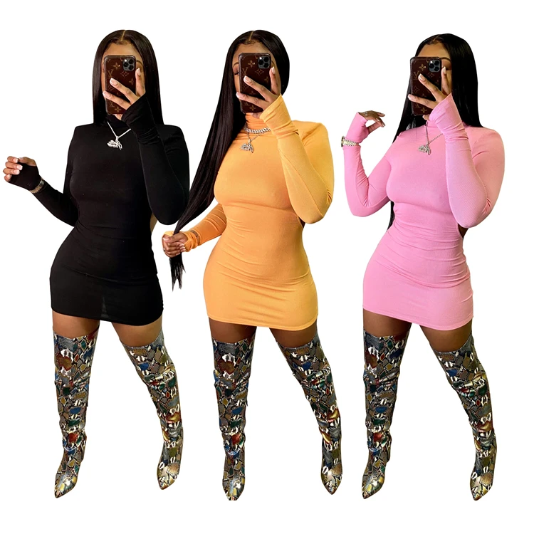 

D96579 Hot selling womens clothes 2021 fashion causal sexy bodycon dress high neck backness long sleeves dresses