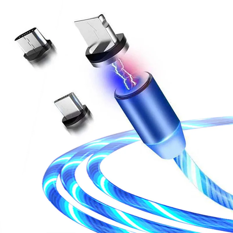 2020 New product Hot wholesale LED Flowing Light Magnetic Charging Cable Cellphone Fast Micro USB Cable Charger Data Cable Line