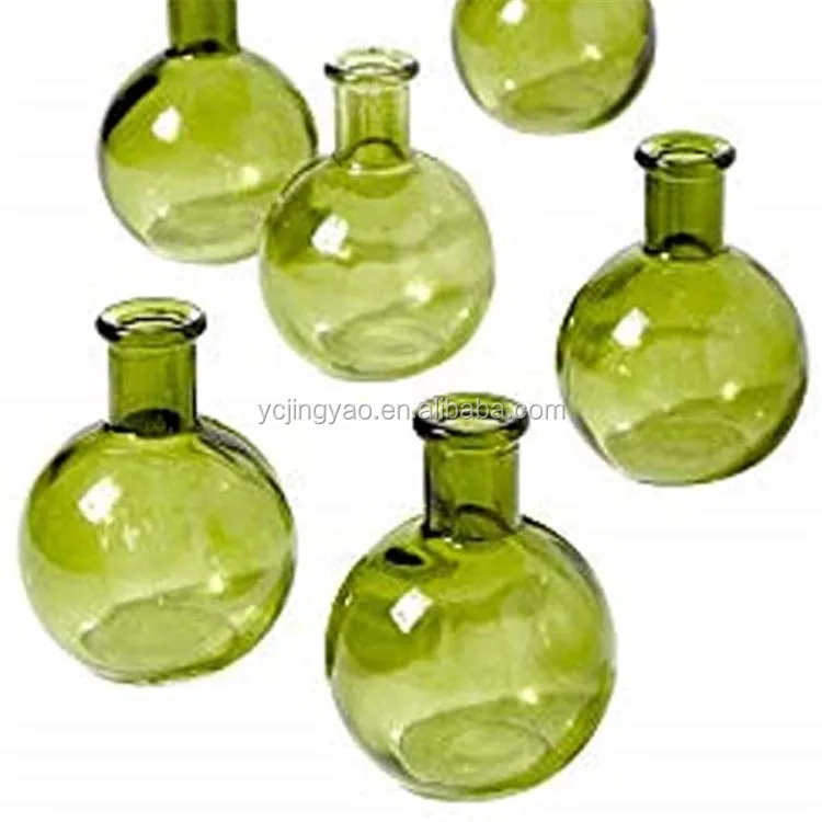 

Home Decorative Modern Bottles Hand Blown Small Green Colored Recycled Glass Ball Bud Vases, Clear