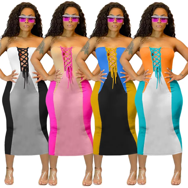 

Bandage Dress 2021 Summer 4colors Plus Size Dress Women's Wear Sleevless Hollow Strappy Patchwork Bodycon Dress Women, As picture