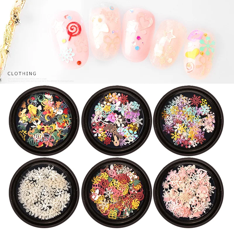 

1 Box Christmas Snow Flakes For Nail Art Sequins 3D Rainbow Color Mixed Shape Christmas Tree Snowman Nail Sticker Decoration
