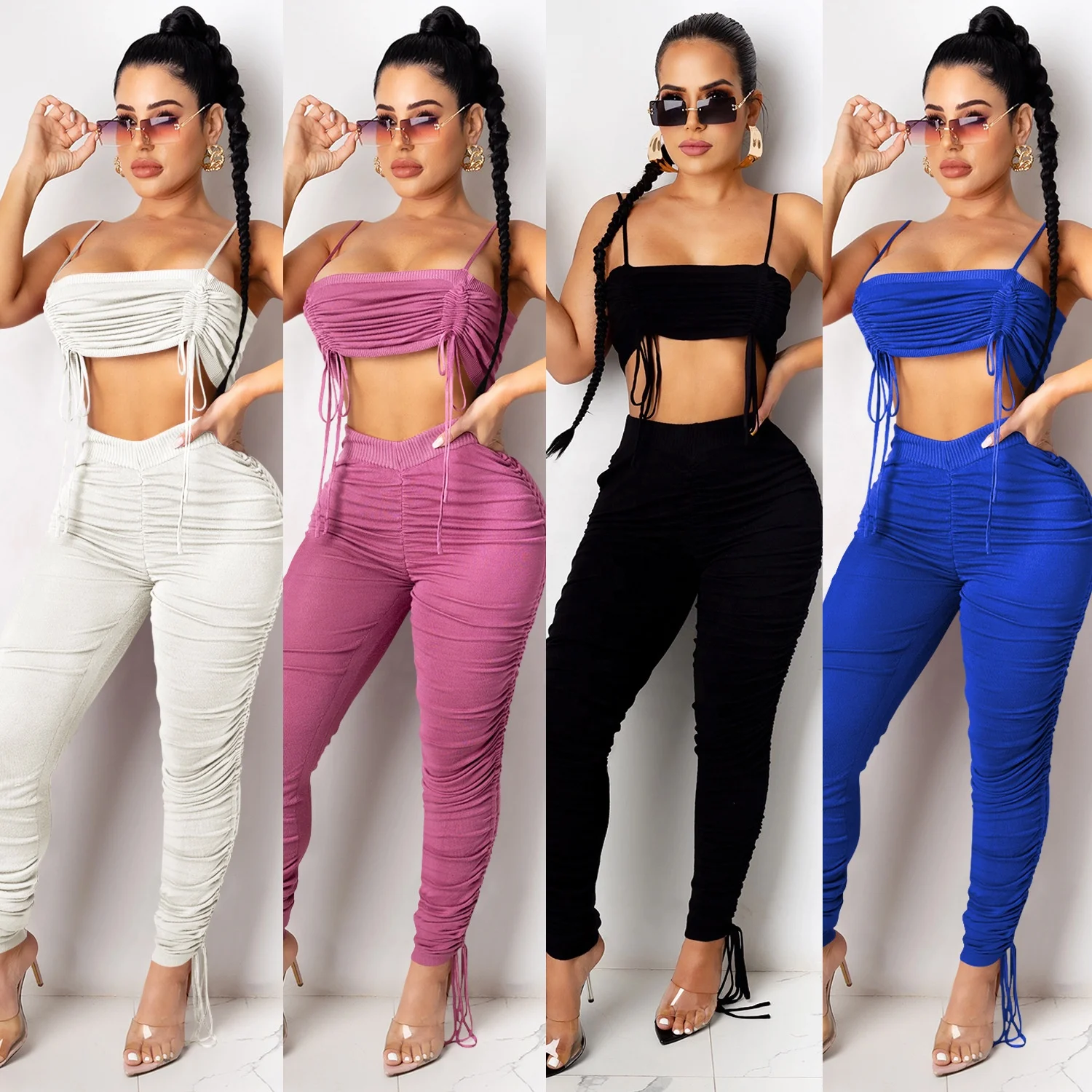 

B63422A Women's fashion trouser suit with black pleated drawstring knitted woman set, White/black/blue/rose red