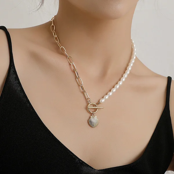 

18k Gold Filled Jewelry Freshwater Pearl Bead Necklace Chains Women Scallop Pendant Choker Accessories, Gold;silver