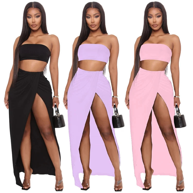 

Women Two Piece Skirt Set Club Outfits Two Piece Set Sexy 2 Piece Set Women Strapless Top Split Skirt Outfit White Suit