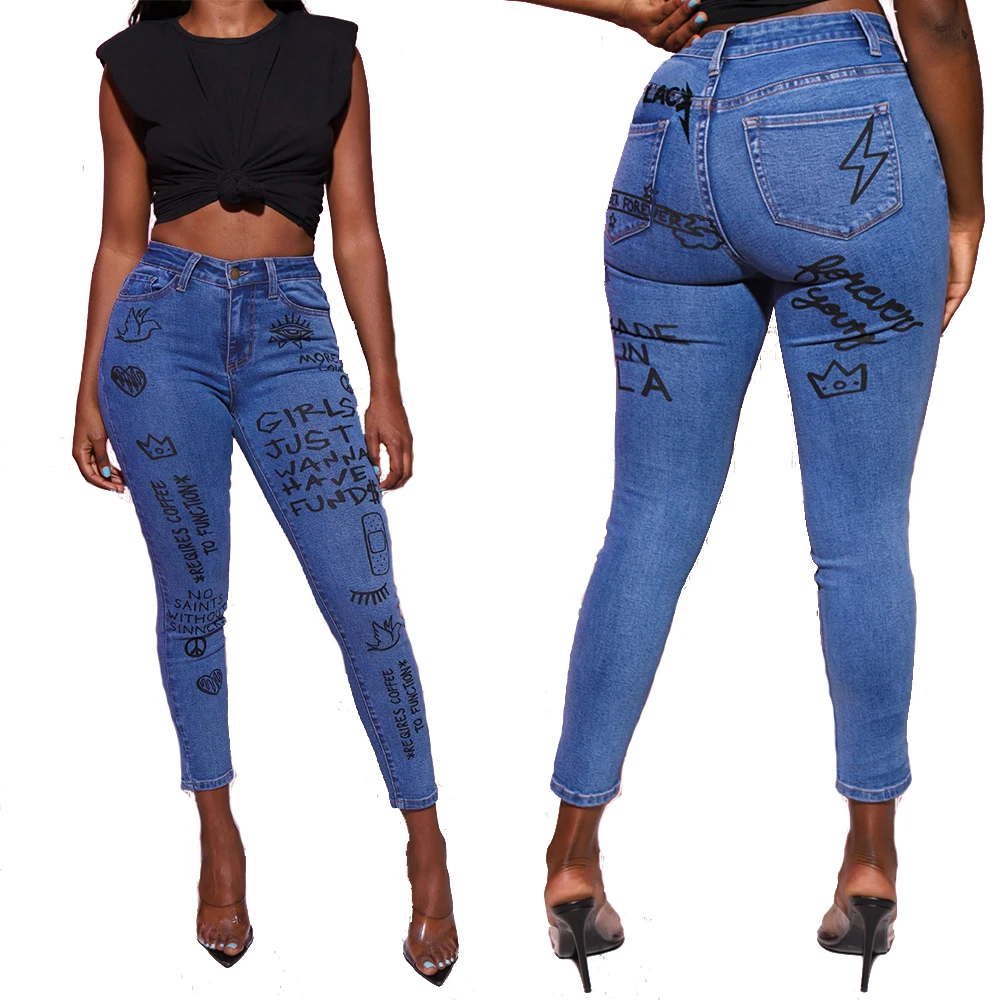 

Hot Selling Ladies Stretch Fashion Painting Skinny Jeans Women 2020 Denim Trousers Wholesale Washed Jeans, Blue