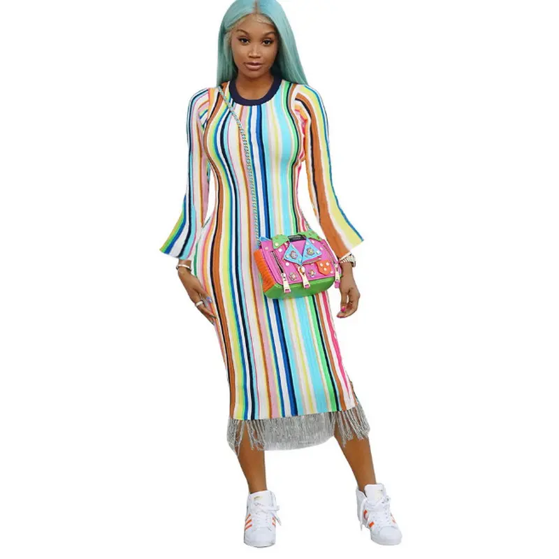 

OEM Custom Logo Fashion Woman Long Sleeve Striped Print Fringe Colorful Slim Fit Dress Sexy Girl Plus Size Skirt, As picture