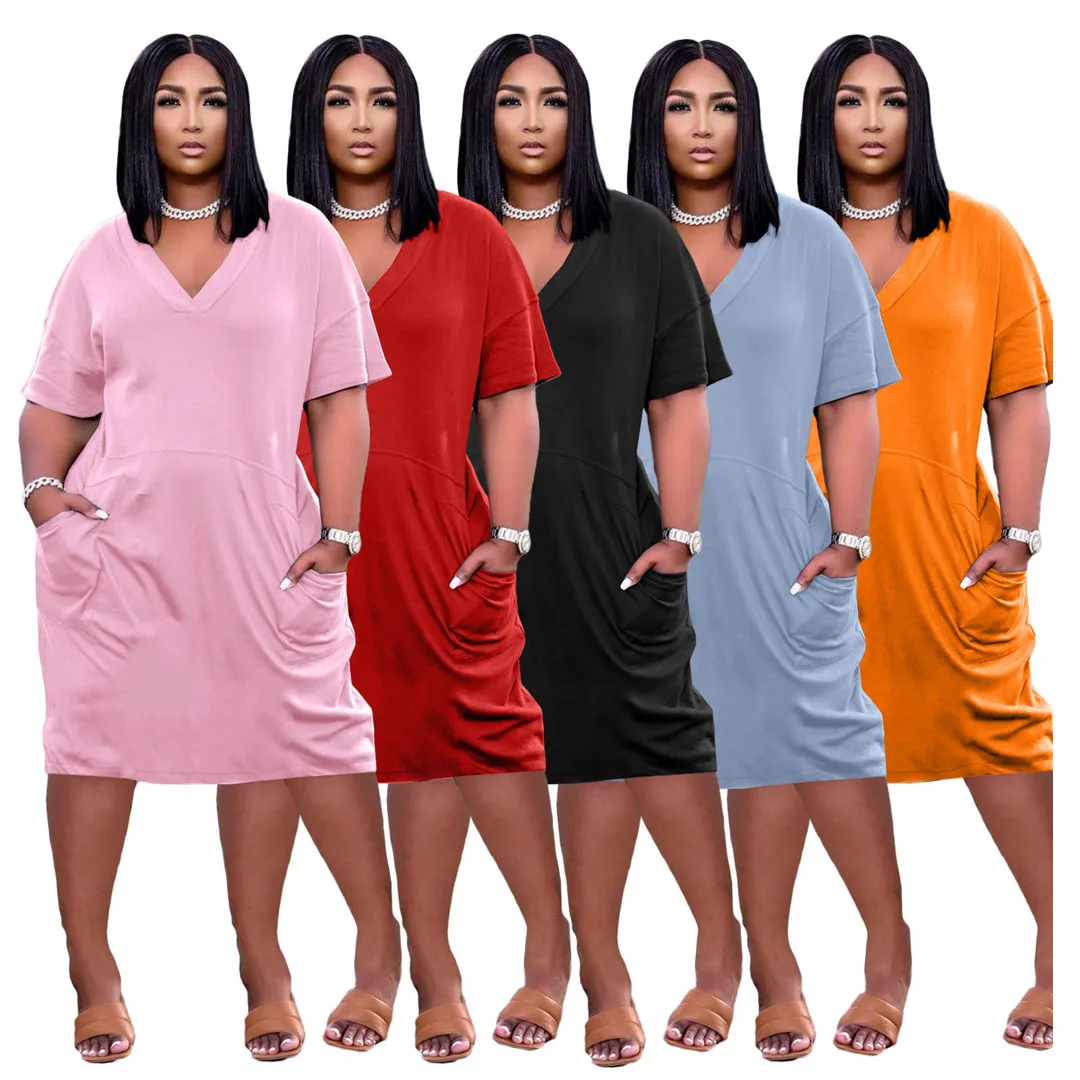 

2022 summer plain dyed casual ladies t shirt long dress woman cotton blend midi dresses, As pictures showed