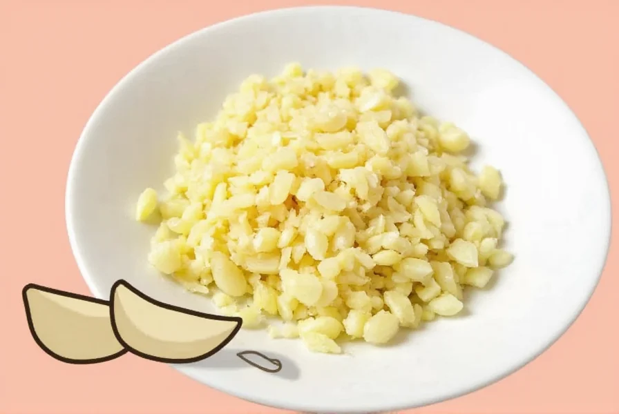 Garlic measurement comparison showing fresh cloves next to measured teaspoons of minced garlic