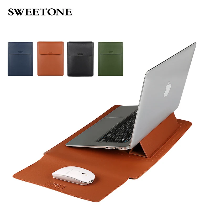 

13 14 15 16inch Pu Leather Laptop Sleeve Case With Stand Function For Macbook Hp Dell Acer, Brown, blue, black, green