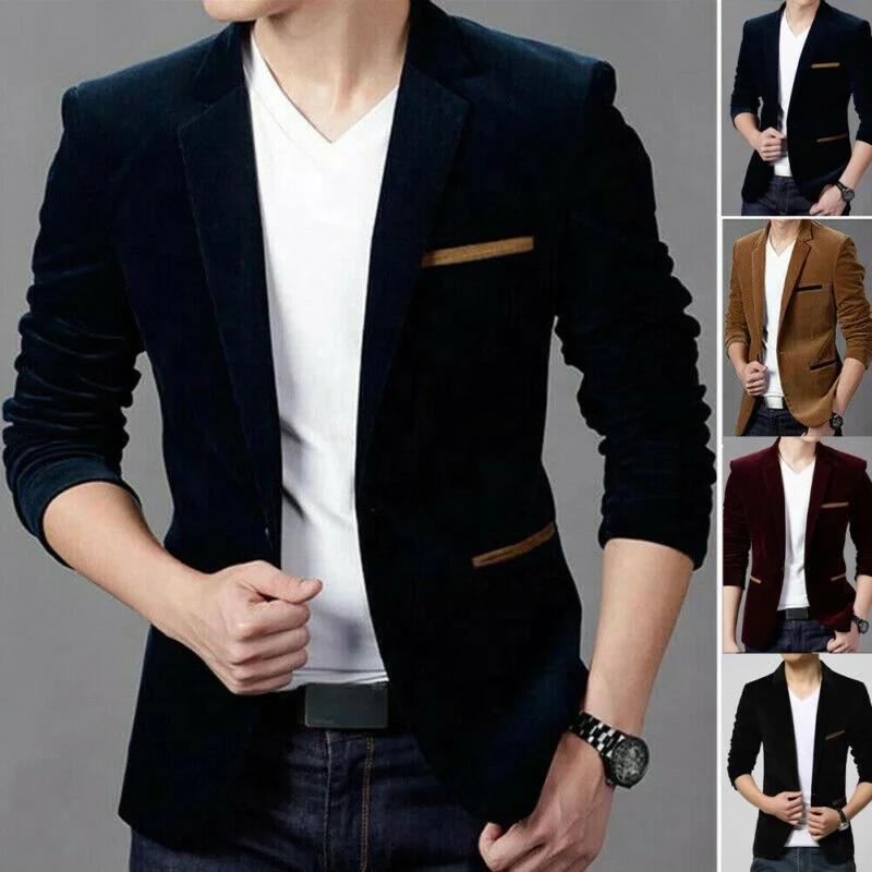 

Velvet Men Formal Suit Blazer Coat Business Casual One Button Slim Fit Jacket Tops