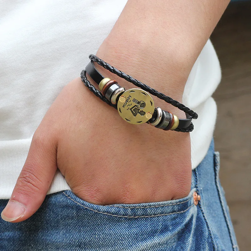 

Trendy Punk Alloy Buckle Leather Adjustable Bracelet With Zodiac Braided Rope For Men Women Gift, Brown