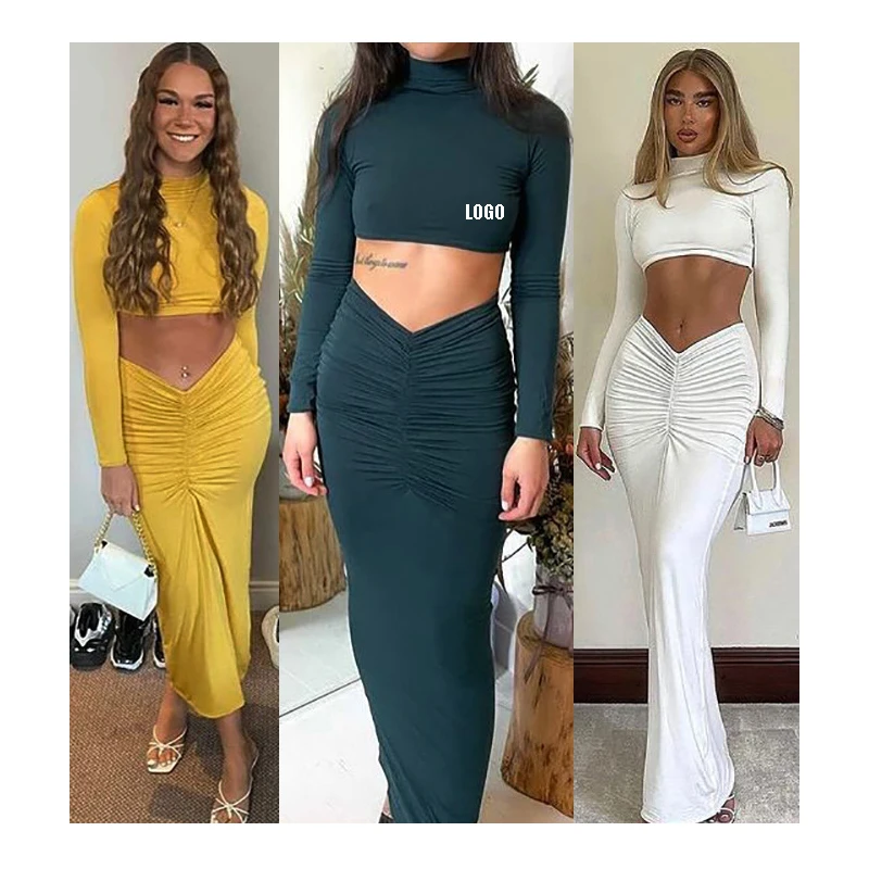 

Free Shipping custom Get Free Samples crop top two piece Long Sleeve Pleated skirt dress woman casual dress set, Multi color optional