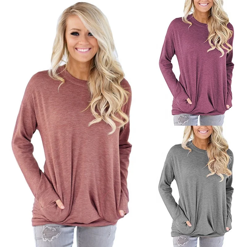 

Women Casual Baggy Top Loose Fit Solid Color Long Sleeve Tunic Round Neck Blouse With Pockets