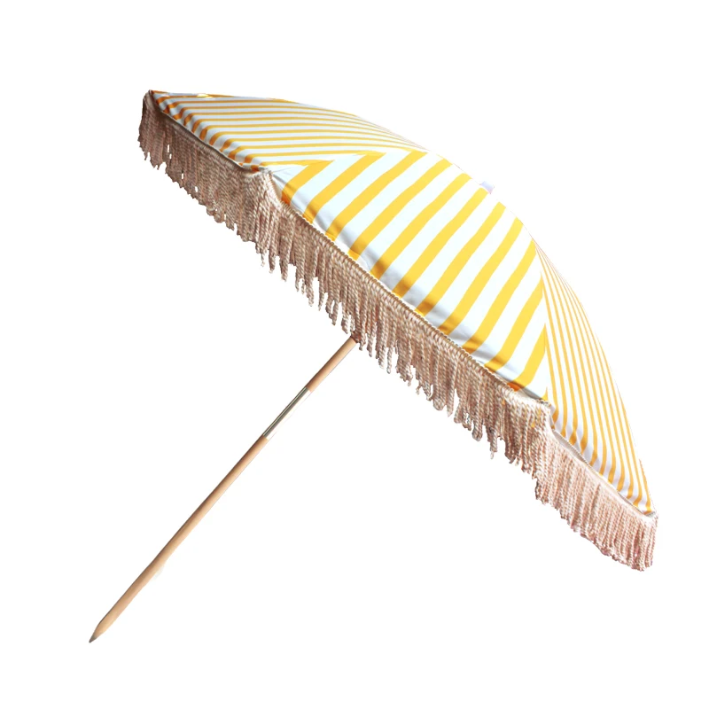 

Super Cool Wooden Pole Tassels Patio Outdoor Decorative Commercial Beach Umbrella With Fringe Trim, Customized color