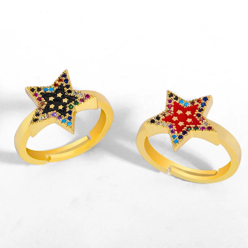 

European New Design Fashion Jewelry Adjustable Dripping Oil Star Open Ring Gold Filled Colorful CZ Rainbow Star Finger Ring