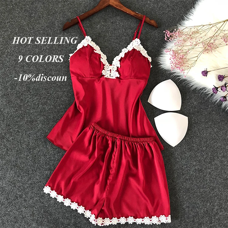 

Wholesale Women 2 Pieces Satin Lace Appliques Pajama Suit Spaghetti Shorts Nighty Sexy, Purple, black, burnt orange and etc