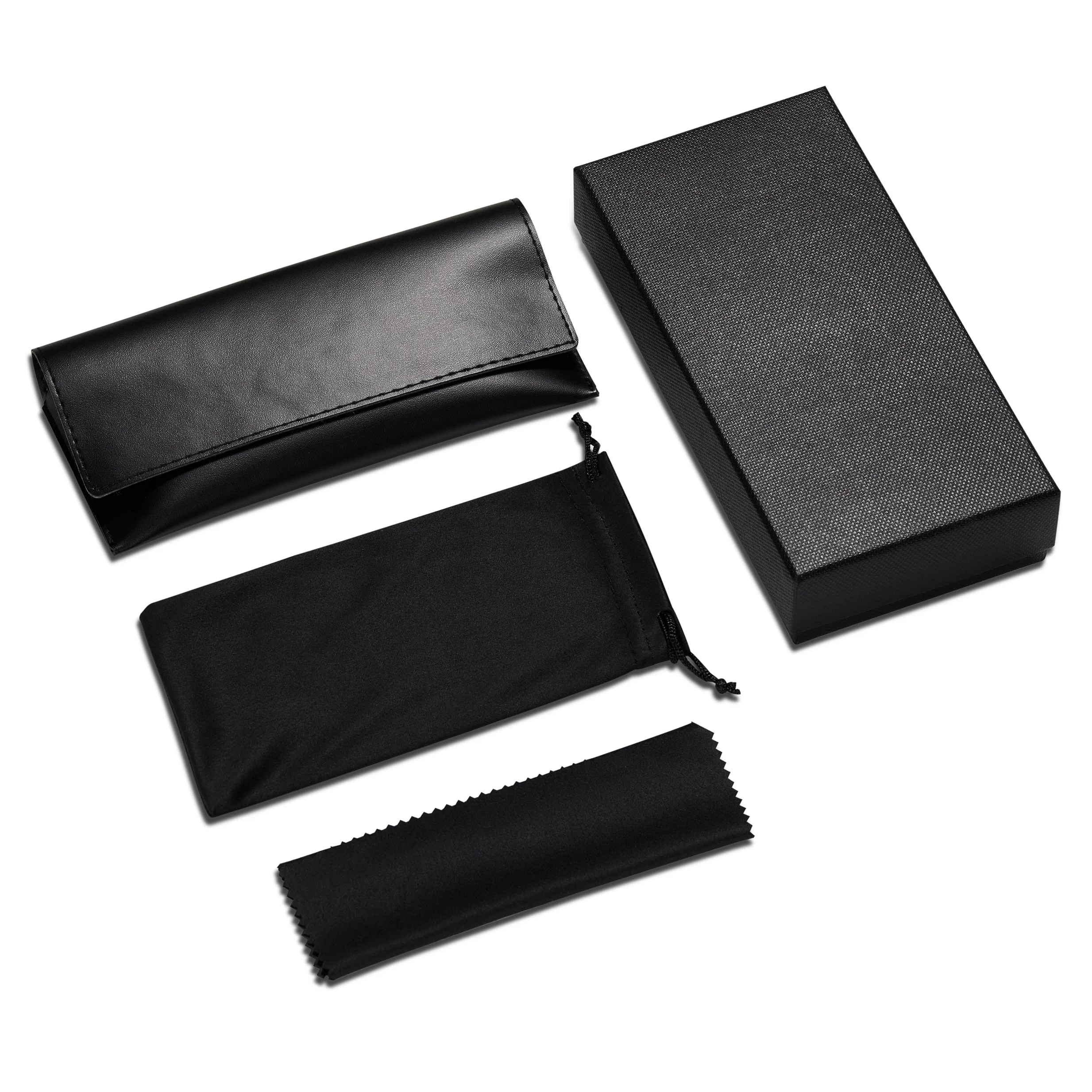 

Wholesale Custom Logo Printed Eyeglasses Case Boxes Cheap PU Sunglasses Case Set including Case, box, cleaning cloth, pouch