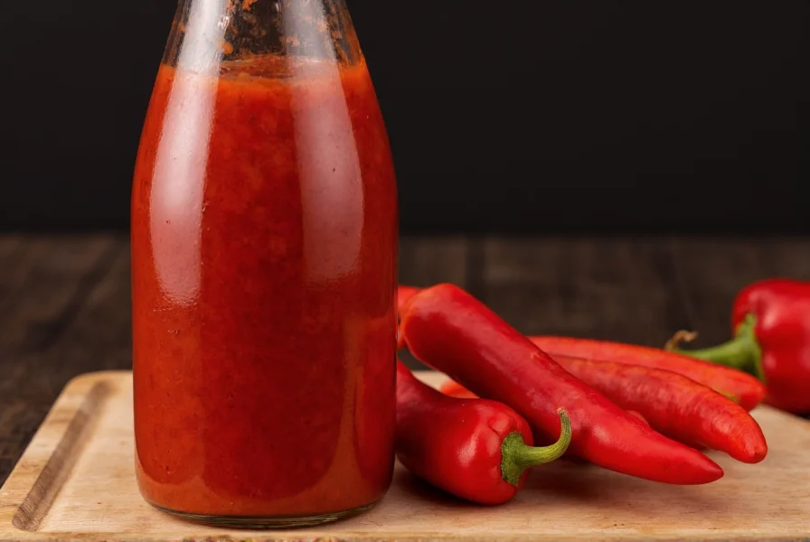 Close-up of red devil pepper sauce bottle next to fresh red devil peppers on wooden cutting board