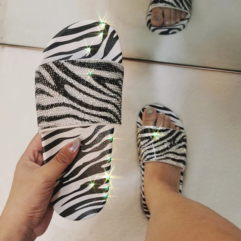 

Summer Hot Sale Fashion Zebra And Snake Slippers Bling Rhinestone Sandals For Women Outdoor Slippers, Zebra pattern /snake pattern