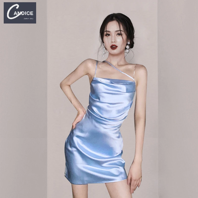 

Candice 2021 summer wholesale diamond rhinestone skirt with Rhinestone party club sexy mini satin casual dresses