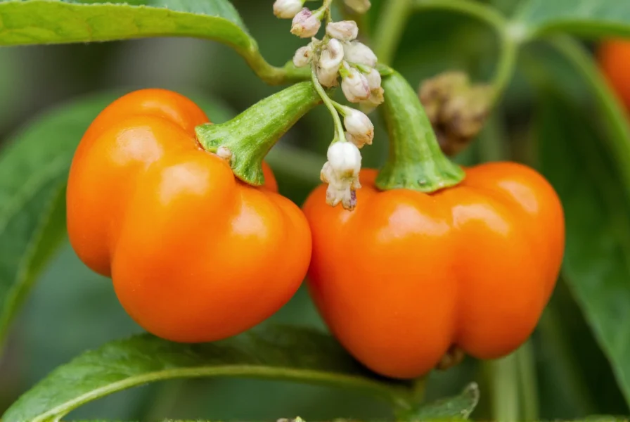 Habanero peppers on plant showing lantern shape and waxy texture