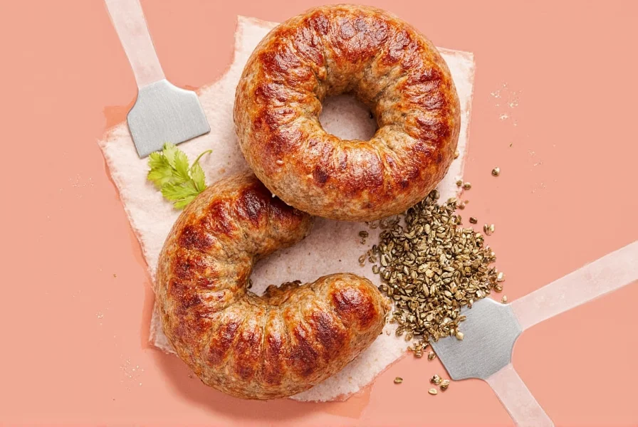 Hausgemachte Würste auf dem Grill mit Gewürzen in der Nähe