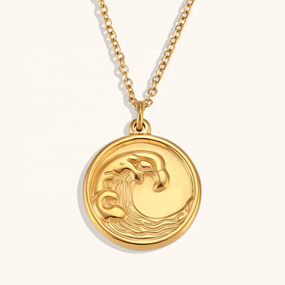 Dingran New Style Engraved Ocean Wave Necklace Gold Plated Stainless Steel Non Tranish Water Proof Vintage Coin Necklace