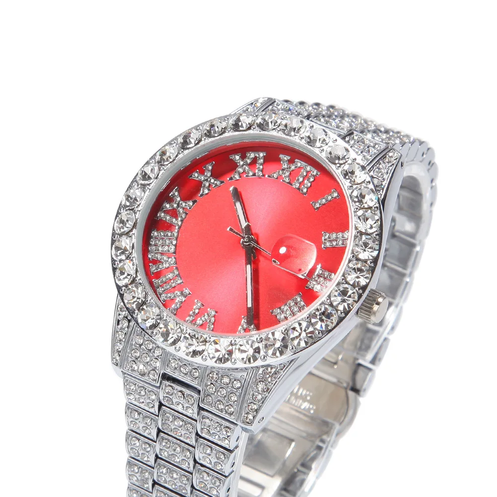 

Hip hop red green iced out cz diamond quartz brass watches, 4 colors