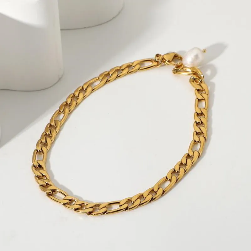 

New Trendy 18k Gold Plated Stainless Steel Figaro Chain Anklet For Women Freshwater Baroque Pearl Anklet