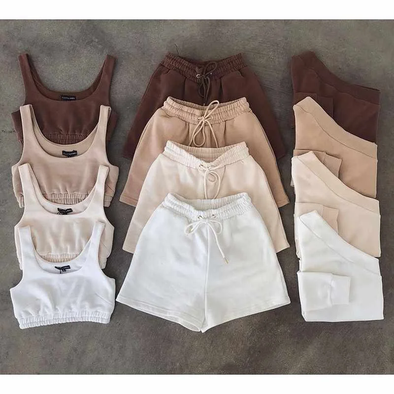 

2021 spring summer hight qulity custom logo women jogger 2 piece short set sports casual two piece short set, Customized color