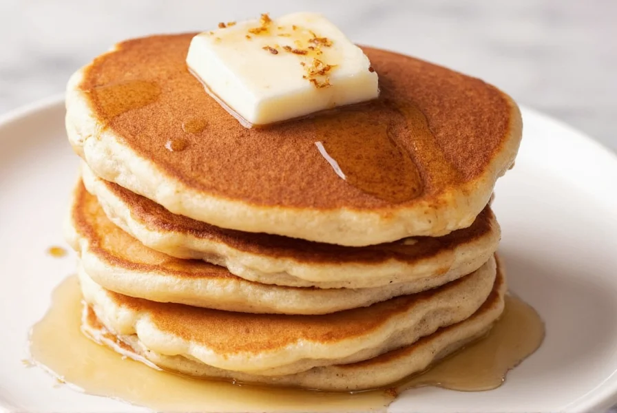 Close-up of fluffy golden-brown cinnamon pancakes stacked on a plate with melted butter and maple syrup drizzled on top