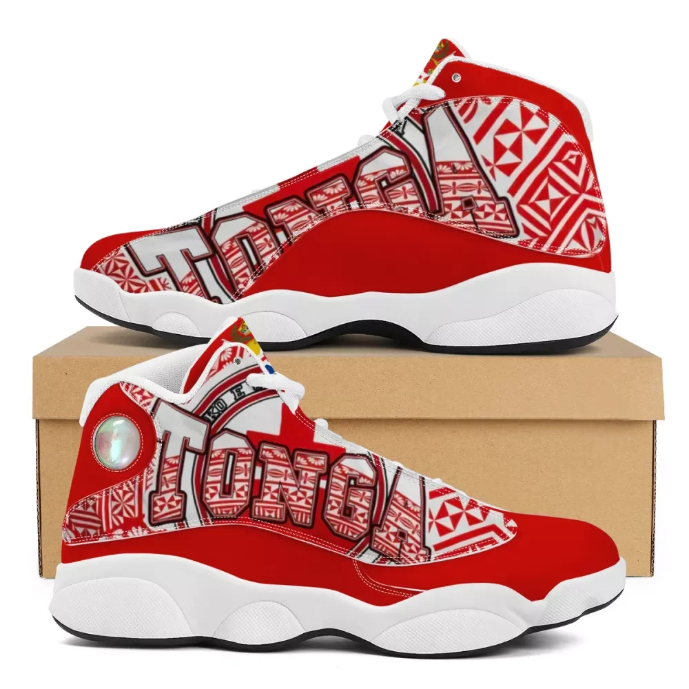 

red Polynesian tribal design tonga print basketball shoes Custom logo large size comfortable sports shoes(PU)Wholesale sneakers, Customized