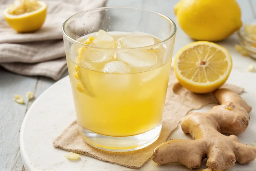 Fresh ginger root being sliced on cutting board with measuring cup of water