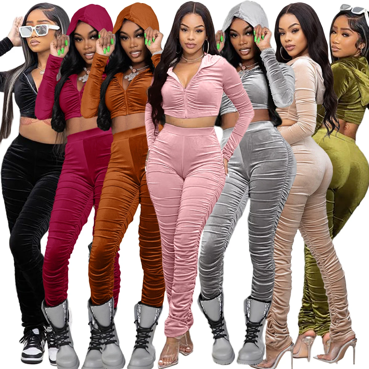 

Fall Winter 2021 women clothes Pleated crop jacket velour Tracksuit Stacked pants velvet hoodie sweatsuit 2 piece set women