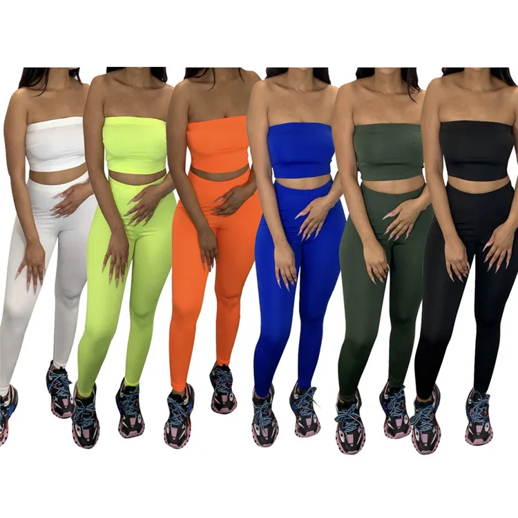 

Womens Casual Solid Color Tube Top Pencil Pants Sports Two Piece Suit Gym Summer Womens Jogging Sets 2 Piece, 6 colors