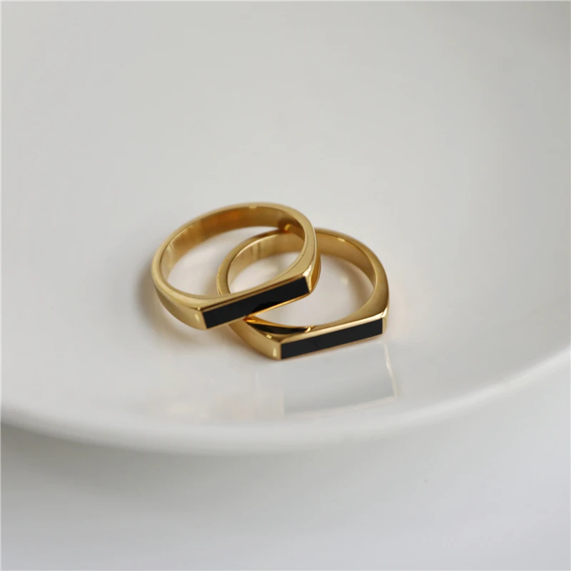 Joolim Jewelry 18K Gold Plated  Stainless Steel Enamel D Rings for Women Statement Black Rings