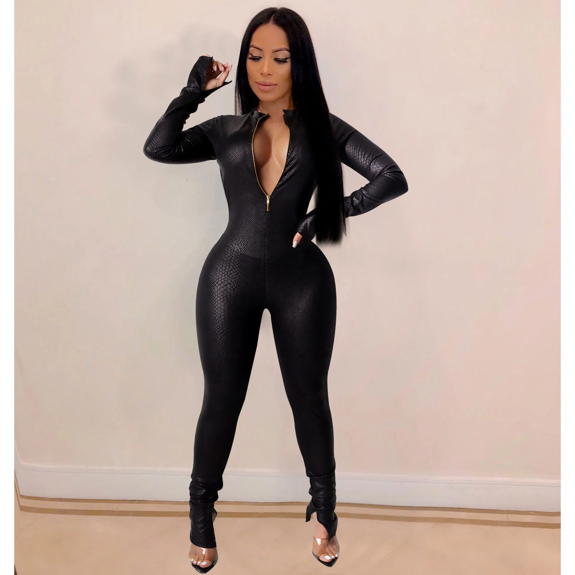 

2021 New Arrivals Women Sexy Turtleneck Zipper Long Sleeve Backless Bodycon Romper Snakeskin Print Club One Piece Jumpsuit