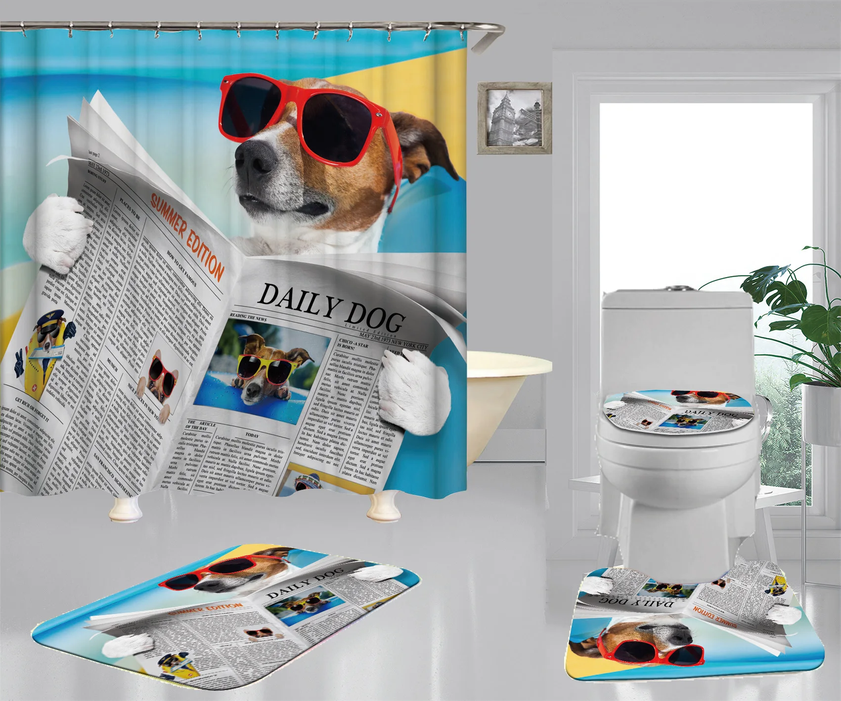 

Reads Newspaper Dog Print Shower Curtain Toilet Seat Coat 4 Pieces Sets
