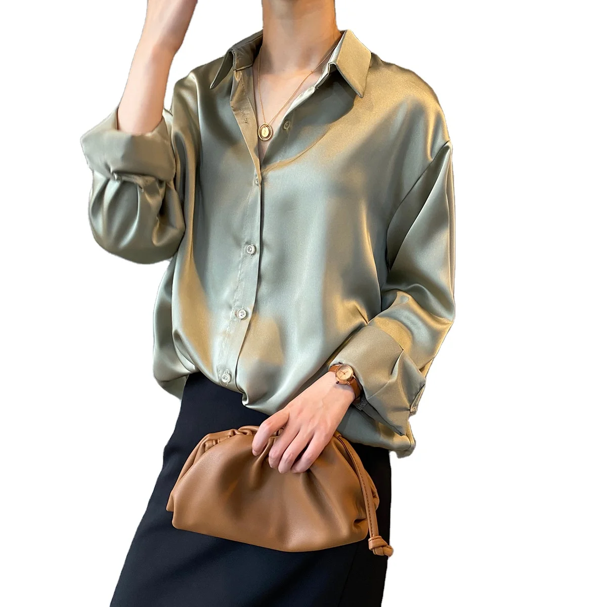 

2020 New Spring Women Fashion Long Sleeves Satin Blouse Vintage Femme V Neck Street Shirts Elegant Silk Blouse