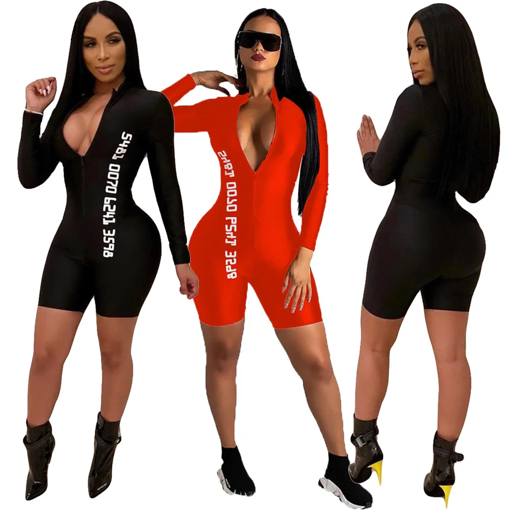 

280067 Zoom Life Clothing Vendor v-neck vest Full Sleeve Zipper Jumpsuit Women Clothing Barboteuses