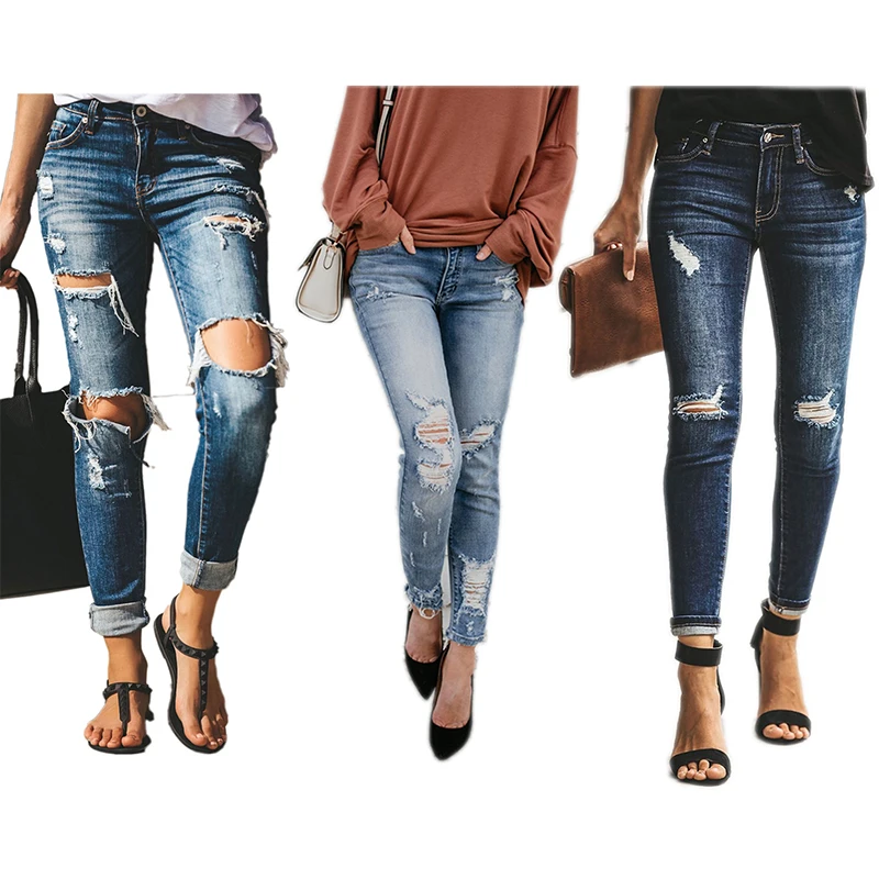 

Women Pencil Pants Low MOQ Wholesale Summer Autumn Ripped Jeans for Women, As shown in the picture