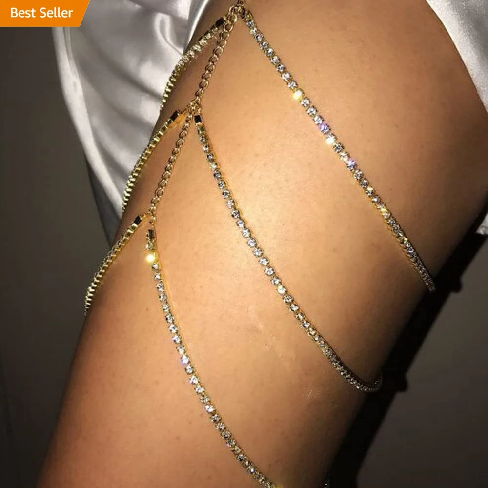 

In Stock Nightclub Beach Silver 3 Layer Crystal Thigh Body Chain Sexy Diamond Layered Rhinestone Leg Chain for Ladies Jewelry