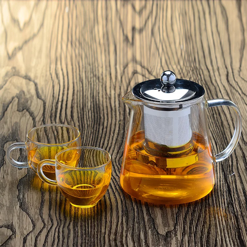 

China factory wholesale Glass tea pot with stainless steel filter and glass tea mugs, Transparent