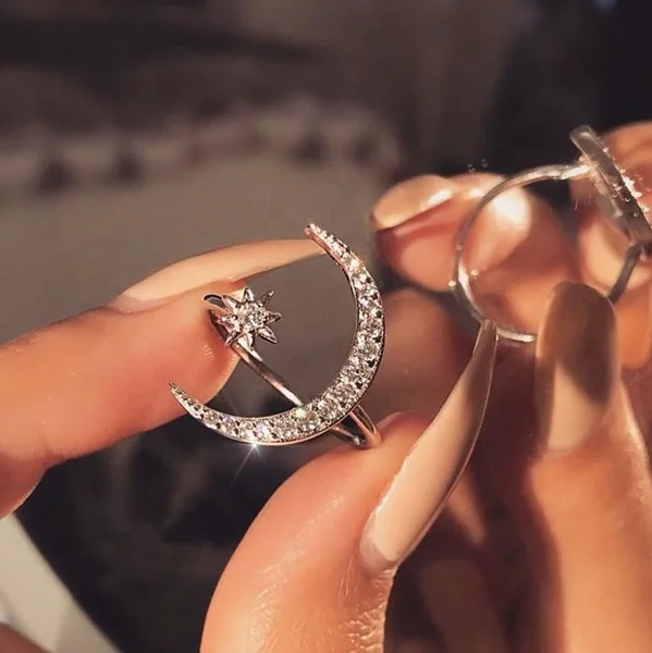 

Fashion Open Ring Full CZ Moon Star  Bling Zircon Finger Rings Factory Wholesale, Silver/gold/rose gold